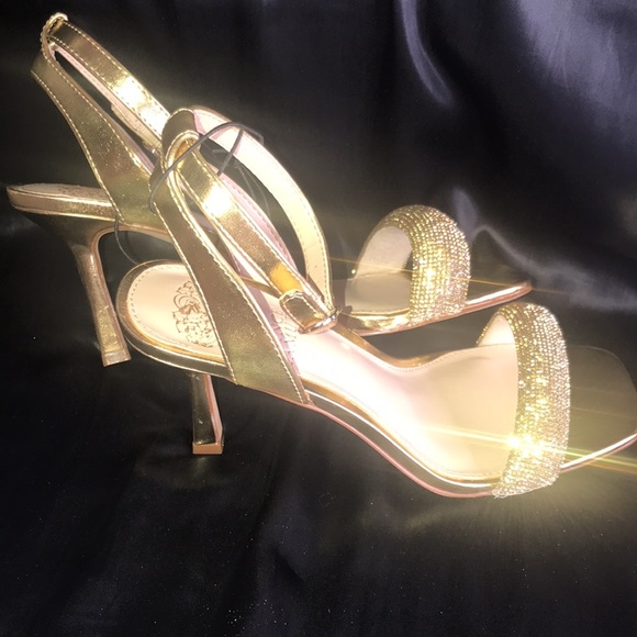 Vince Camuto | gold rhinestone bling open toe ankle strap heel - Picture 2 of 6